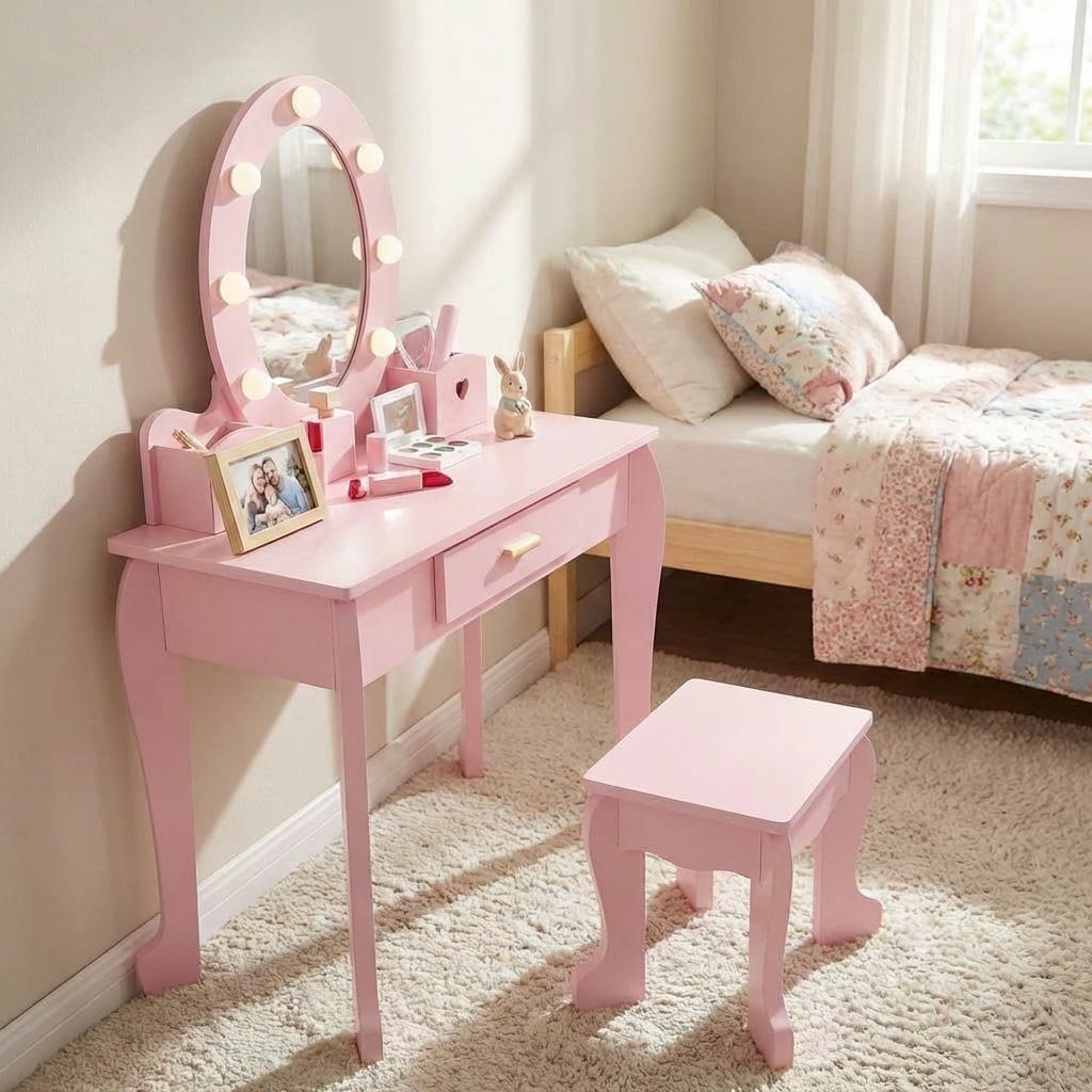 Garvee Kids Vanity Table Set with Lights Mirror, Storage Drawer and Stool Suitable for Girls Age 3-10, Pink