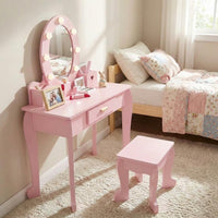 Garvee Kids Vanity Table Set with Lights Mirror, Storage Drawer and Stool Suitable for Girls Age 3-10, Pink