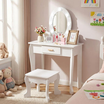 Garvee Kids Vanity Table Set with Lights Mirror, Storage Drawer and Stool Suitable for Girls Age 3-10, White