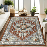 Garvee Large Area Rug Washable 10x13 Vintage Oriental Living Room Rug Soft Non Slip Low Pile Indoor Carpet Stain Resistant Medallion Printed Accent Carpet for Bedroom Playroom Red - Red