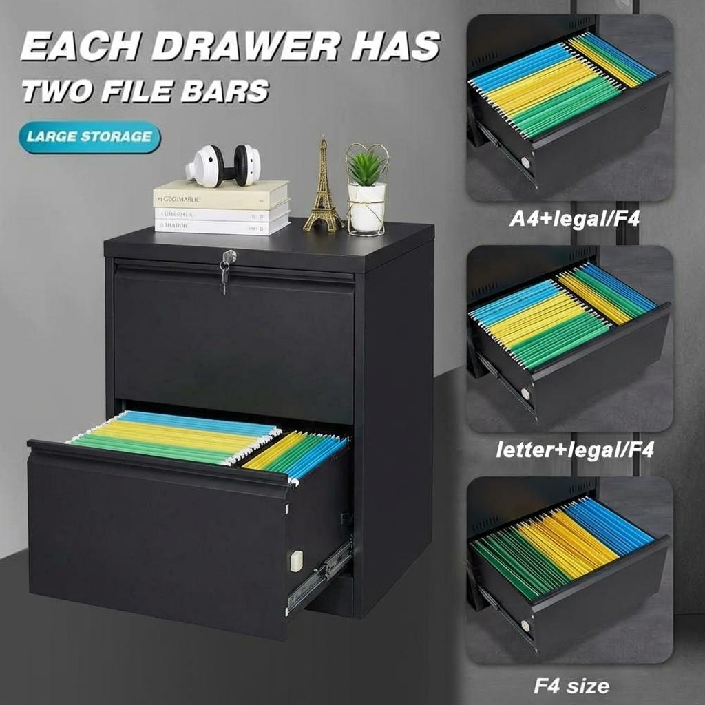 Garvee 2 Drawer File Cabinet with Lock, Metal Lateral File Cabinets for Home Office, Steel Wide Filing Organization Storage Cabinets for Hanging Files Letter/Legal/F4/A4 Size, Black