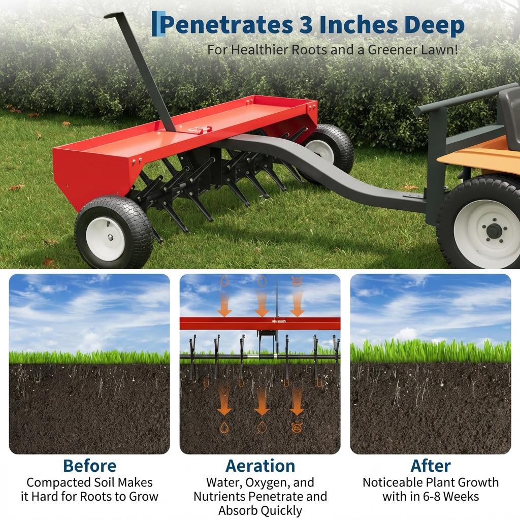 Garvee 48" Tow-Behind Lawn Plug Aerator for Tractor, Heavy-Duty Steel Core Tines, Universal Hitch, Weight Tray, Red