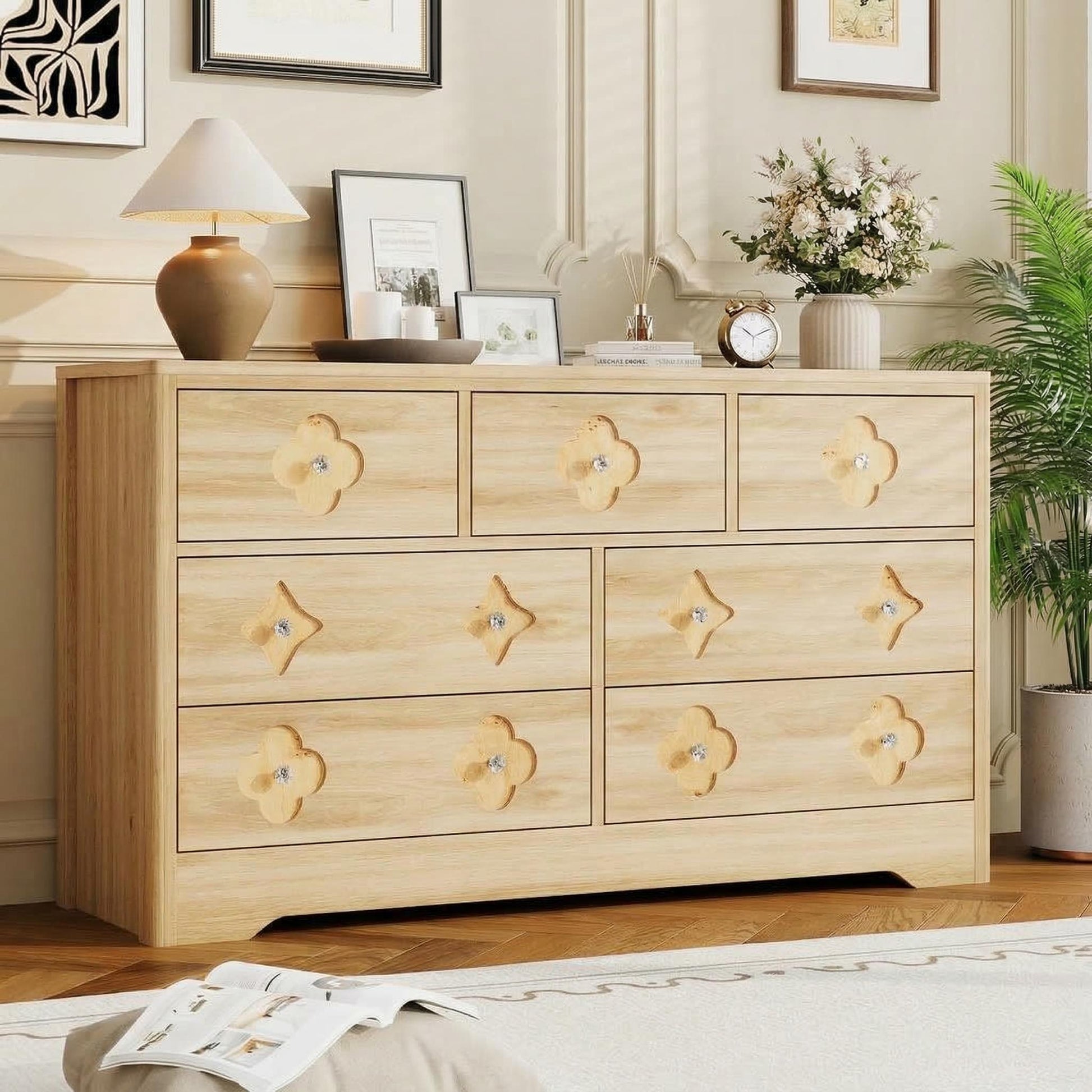Garvee 7 Drawers Dresser for Bedroom, 54" Boho Wide Dresser Chest of Drawers, Clothes Storage Cabinet, Decorative Drawer Front Organizer for Bedroom, Living Room, Hallway, Natural Wood