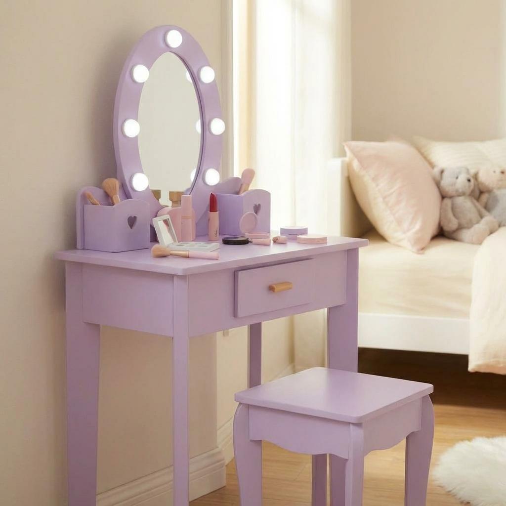 Garvee Kids Vanity Table Set with Lights Mirror, Storage Drawer and Stool Suitable for Girls Age 3-10, Purple