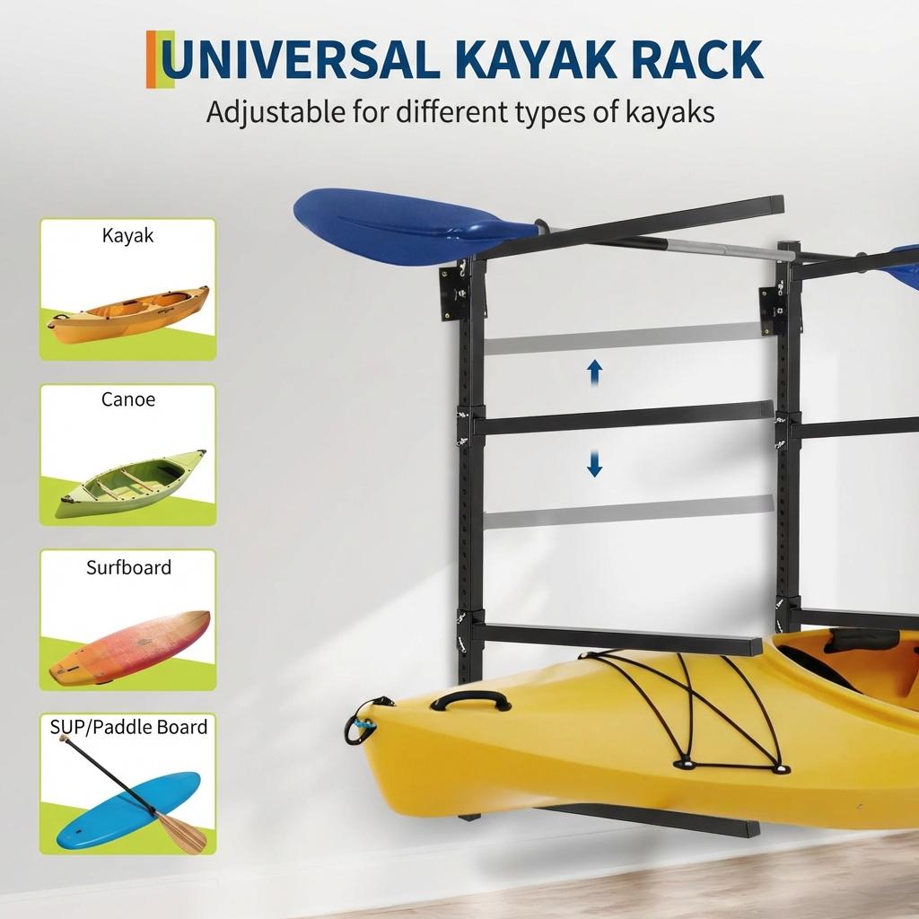 Garvee Heavy Duty Adjustable Kayak Storage Rack – 400 lbs Capacity Freestanding or Wall Mount Stand – Fits Kayak, Canoe, Paddle Board, SUP, Surfboard – For Indoor/Outdoor Garage – Black