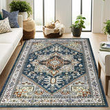 Garvee Large Area Rug Washable 10x13 Vintage Oriental Living Room Rug Soft Non Slip Low Pile Indoor Carpet Stain Resistant Medallion Printed Accent Carpet for Bedroom Playroom Blue - Blue