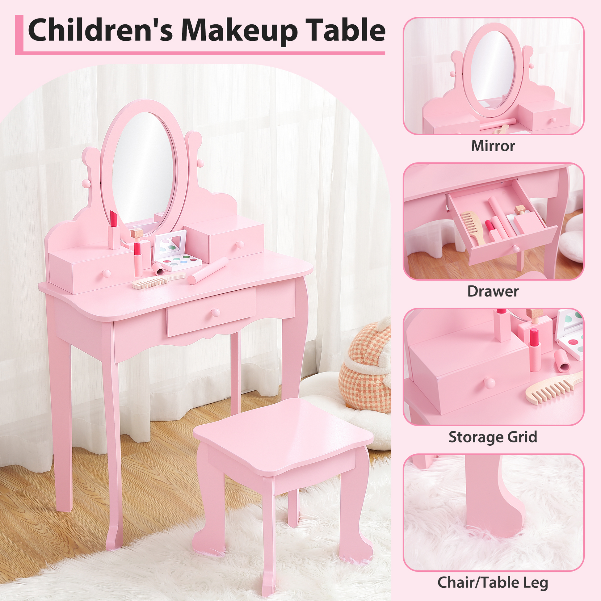 Garvee Kids Vanity Set with Adjustable Angle Mirror, Drawers and Stool Suitable for Age 3-10, Pink