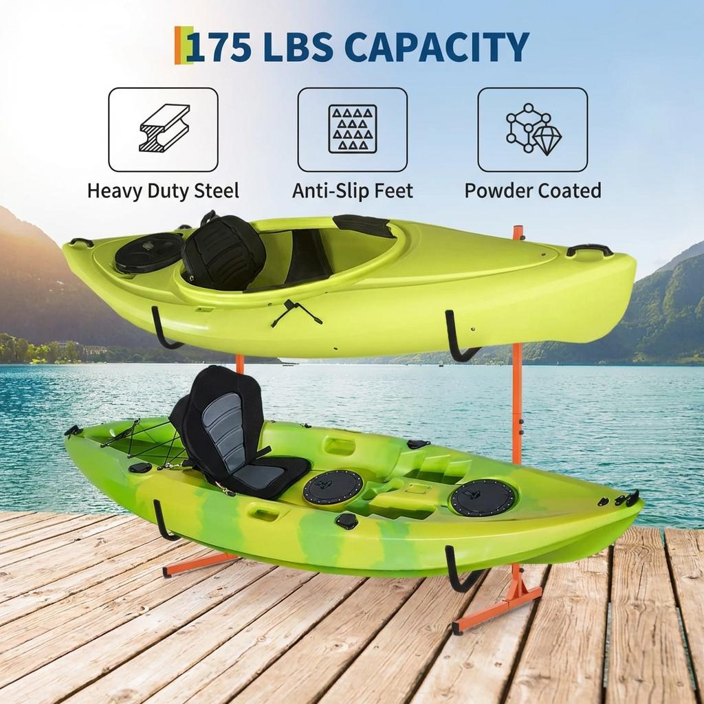 Garvee Heavy Duty Freestanding Kayak Storage Rack – Adjustable Steel Stand for 2 or 4 Kayaks, Canoes, Paddleboards, Surfboards – Padded Arms, Indoor/Outdoor Organizer – Orange Color