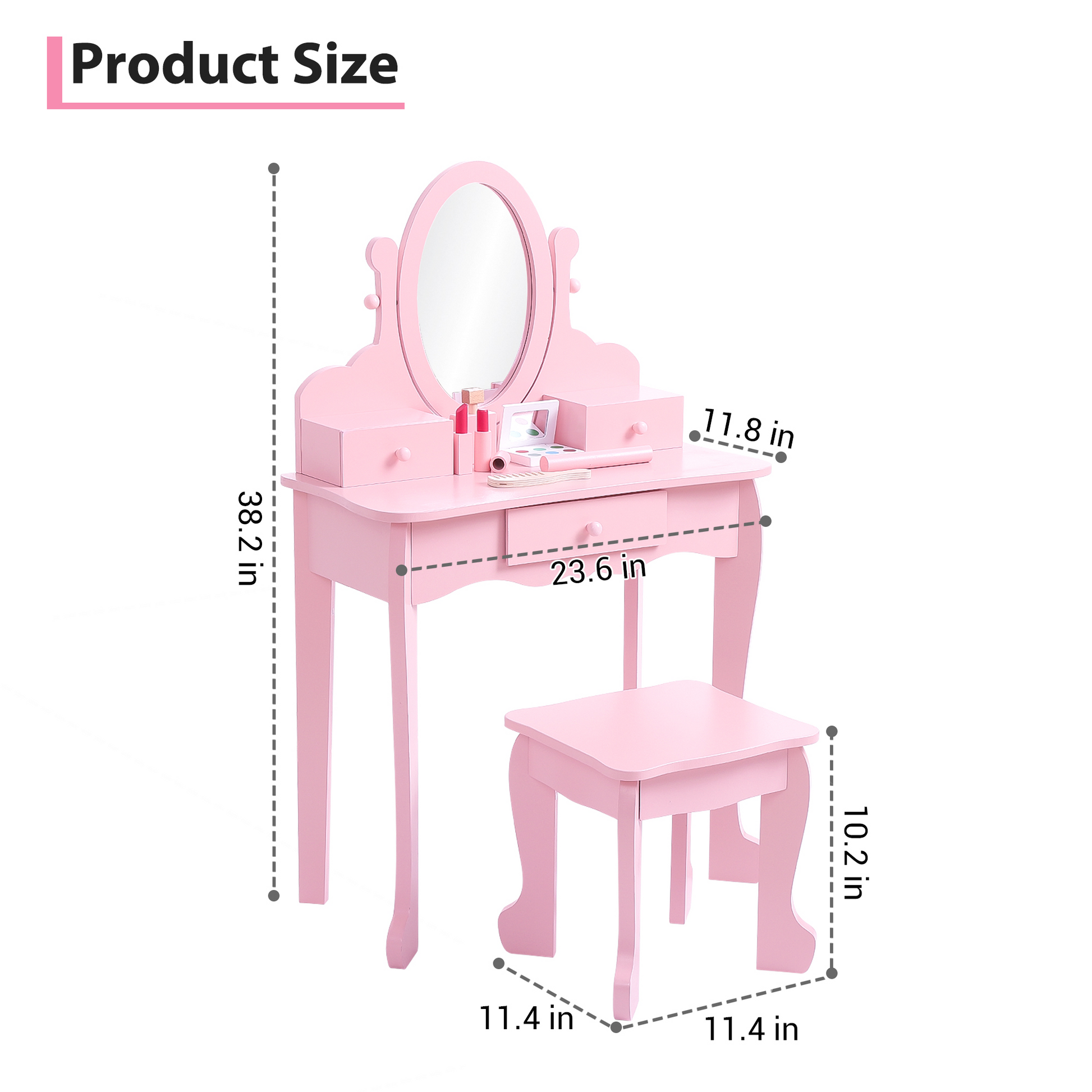 Garvee Kids Vanity Set with Adjustable Angle Mirror, Drawers and Stool Suitable for Age 3-10, Pink