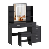 Garvee Vanity Desk with Mirror and Lights, 6 Drawers, Adjustable LED Lighting, Wood, USB Charging Ports, Stool Included, Bedroom Dressing Table, Black - Black