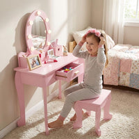 Garvee Kids Vanity Table Set with Lights Mirror, Storage Drawer and Stool Suitable for Girls Age 3-10, Pink