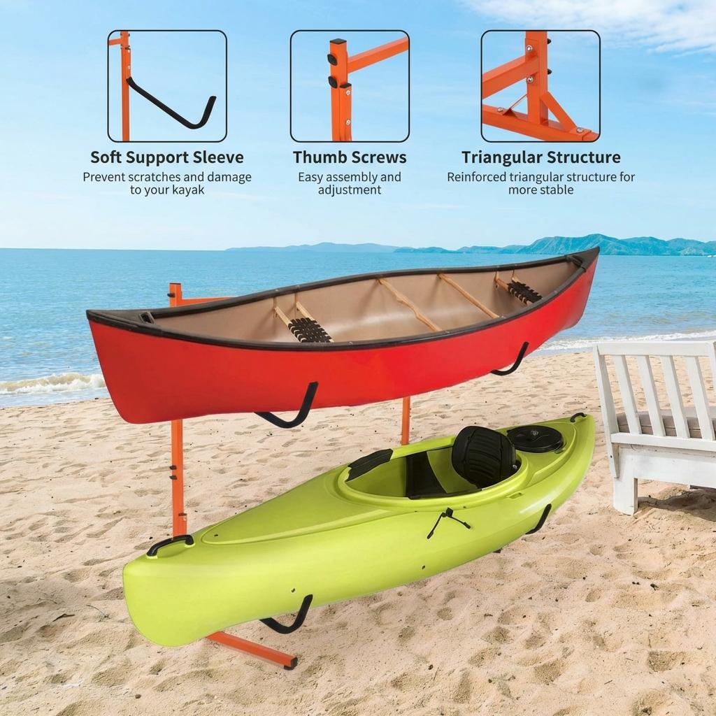 Garvee Heavy Duty Freestanding Kayak Storage Rack – Adjustable Steel Stand for 2 or 4 Kayaks, Canoes, Paddleboards, Surfboards – Padded Arms, Indoor/Outdoor Organizer – Orange Color