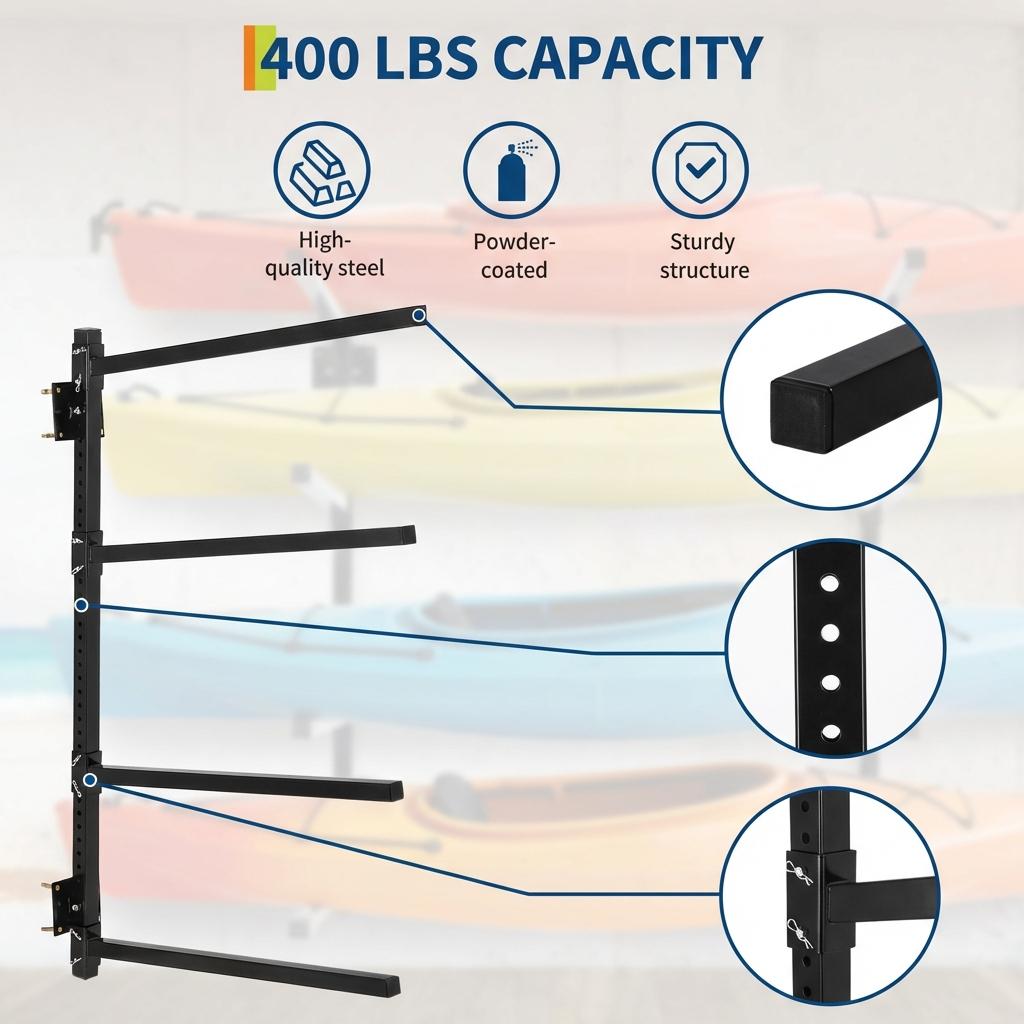 Garvee Heavy Duty Adjustable Kayak Storage Rack – 400 lbs Capacity Freestanding or Wall Mount Stand – Fits Kayak, Canoe, Paddle Board, SUP, Surfboard – For Indoor/Outdoor Garage – Black
