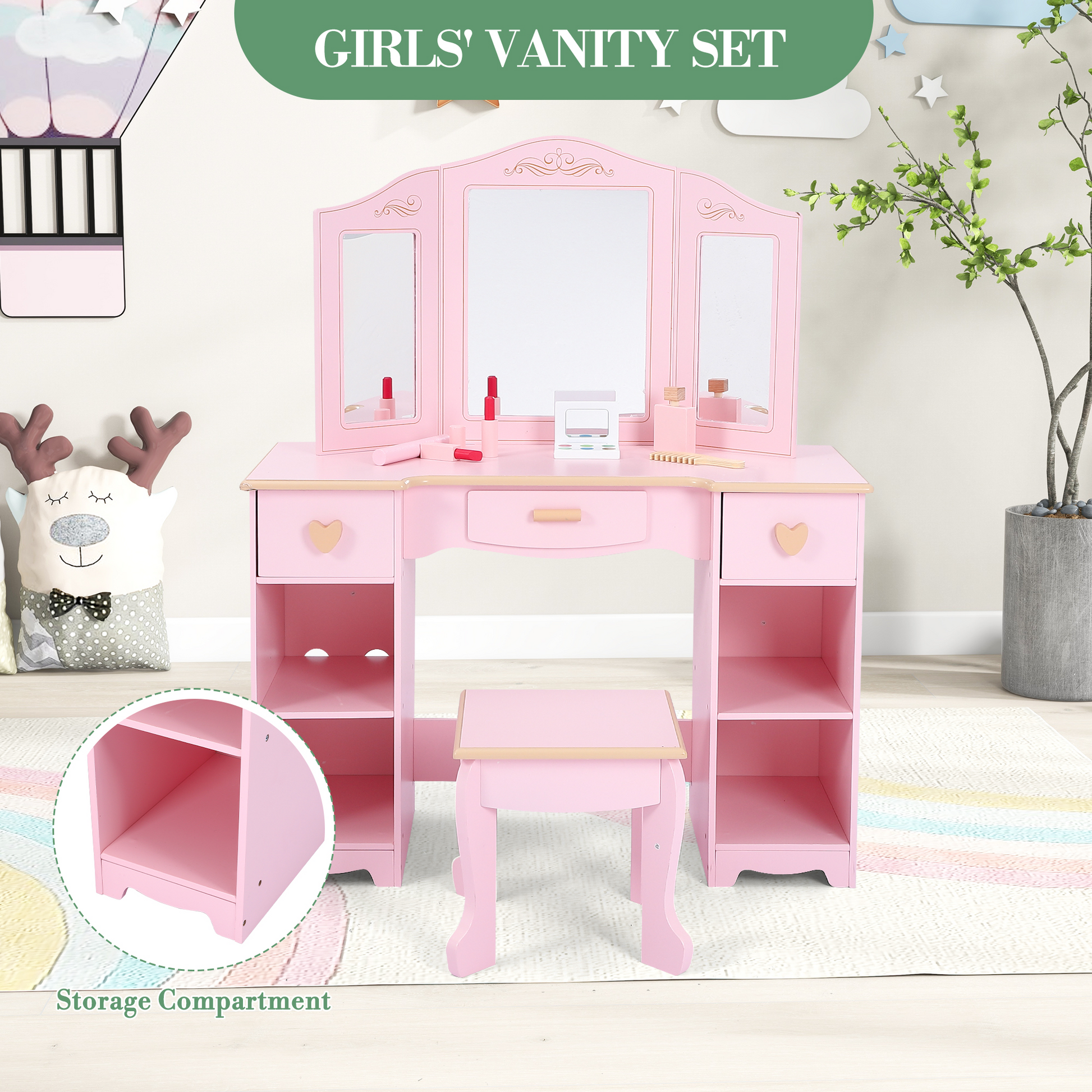 Garvee Girls' Vanity Table and Stool Set with Mirror, Drawer and Wood Makeup Playset Toy for Age 3-10, Pink