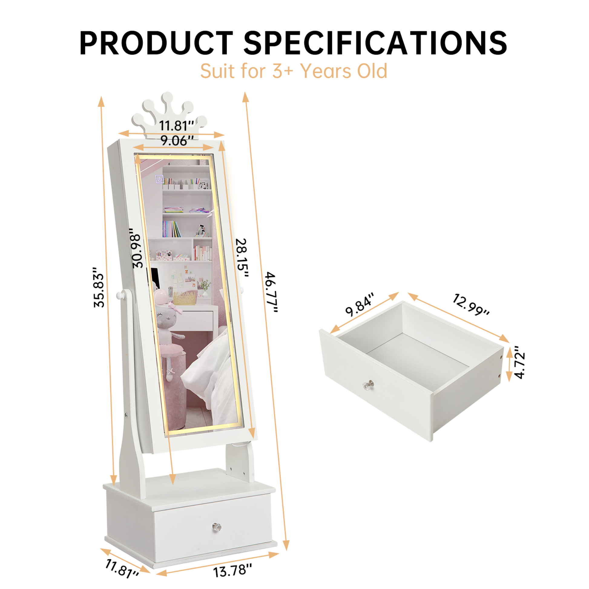 Garvee Freestanding Jewelry Armoire Cabinet with Led Light, Full-Length Mirror and 3 Storage Drawers for Girls, White