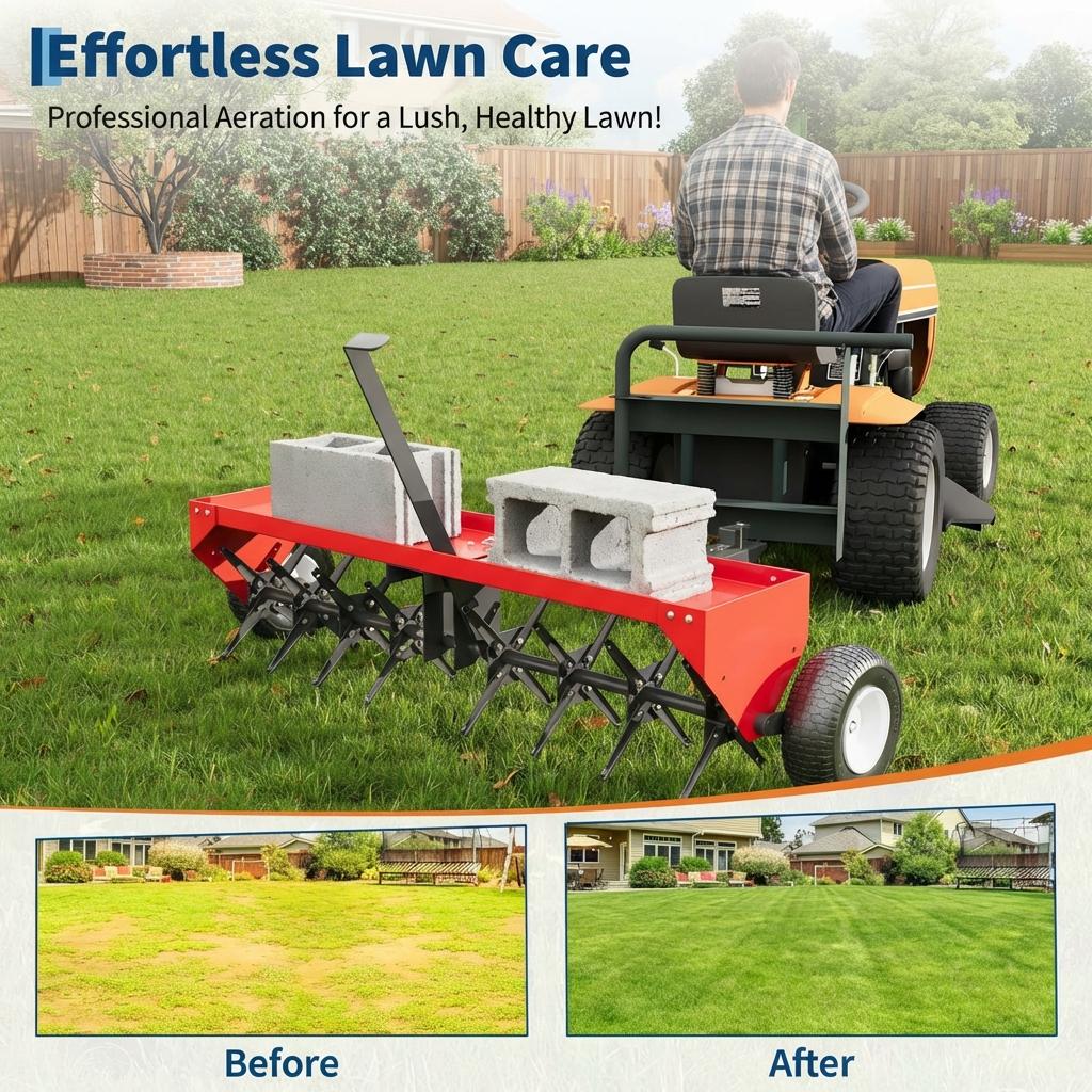 Garvee 48" Tow-Behind Lawn Plug Aerator for Tractor, Heavy-Duty Steel Core Tines, Universal Hitch, Weight Tray, Red