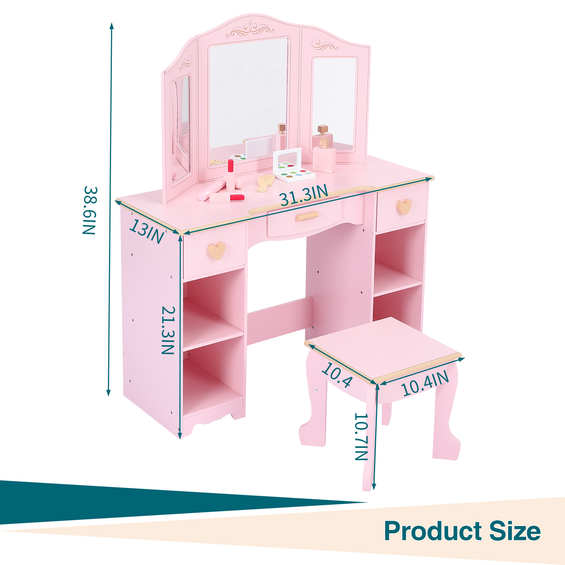 Garvee Girls' Vanity Table and Stool Set with Mirror, Drawer and Wood Makeup Playset Toy for Age 3-10, Pink