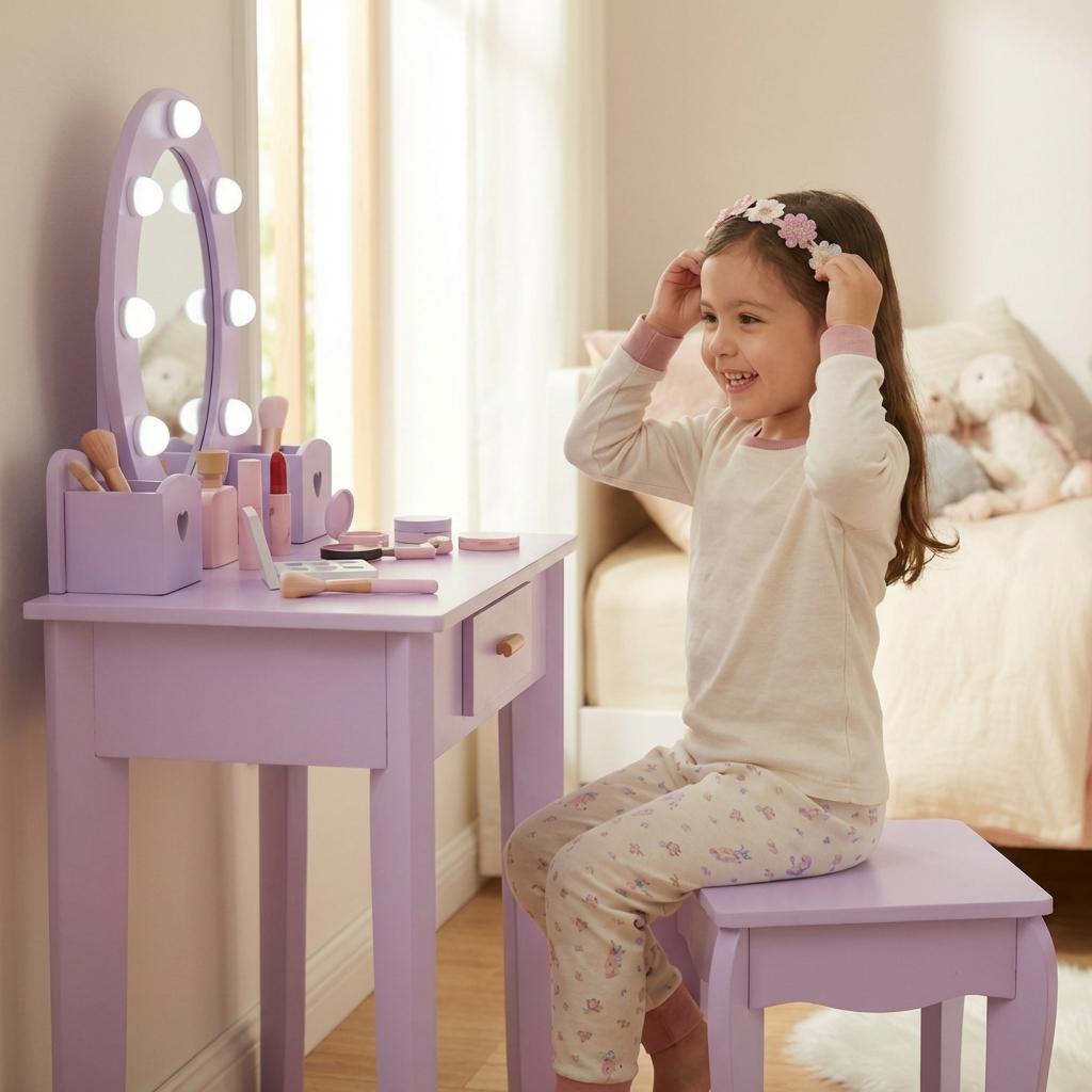 Garvee Kids Vanity Table Set with Lights Mirror, Storage Drawer and Stool Suitable for Girls Age 3-10, Purple