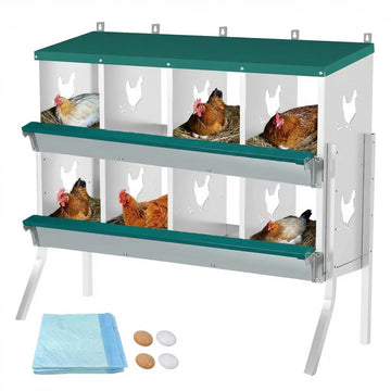Garvee 8-Compartment Metal Poultry Nesting Box with Legs – Roll Away Egg Collection, Soft Nest Pads, Fake Eggs, Swing Perch, Lid Cover – Galvanized Steel Hen Laying Box for Coop, Barn, Farm – Wall Mount or Freestanding, 8-compartment bracketed model