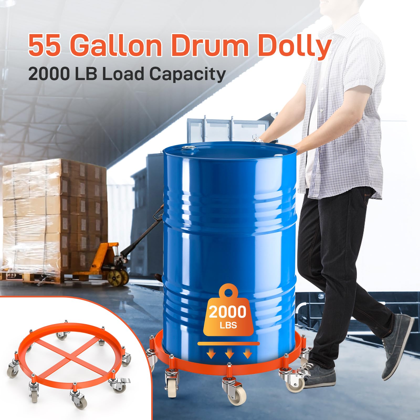 Garvee 55 Gallon Drum Dolly, 2000 LBS Capacity Heavy Duty Drum Dolly with 8 Caster Wheels, Trash Can Dolly Non-Tipping Hand, Orange Steel Frame Barrel Dolly